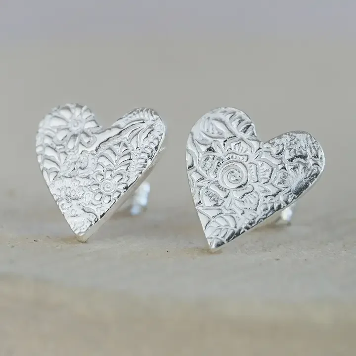 Lucy Kemp Sterling Silver Textured Heart Studs