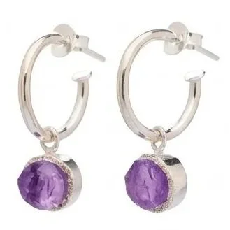 Amethyst Charm Hoop Earrings Silver