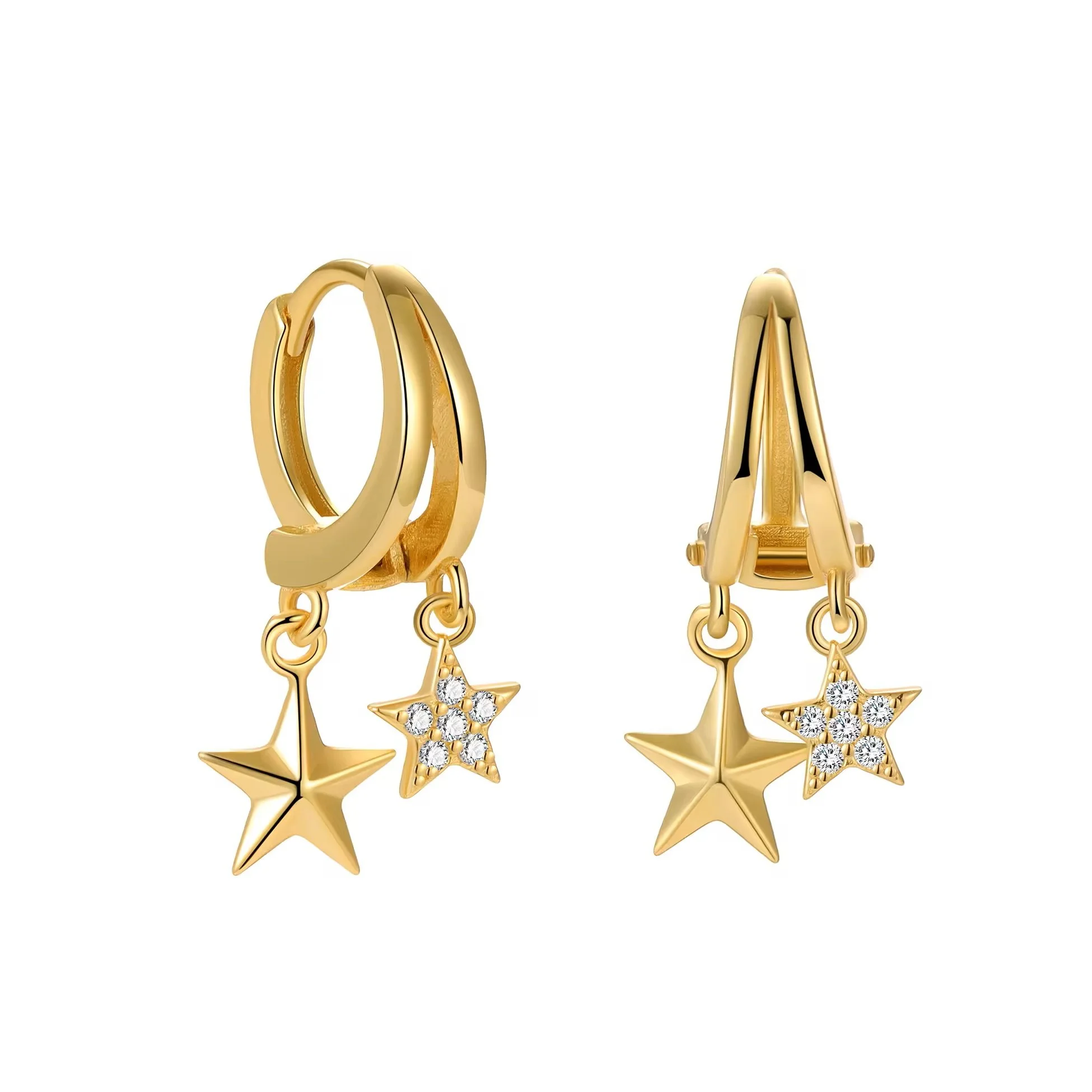 Double Huggie Earrings Star Drop CZ Gold