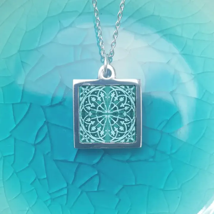 NOA Stainless Steel & Walnut, Square Necklace Medieval Welsh Tile