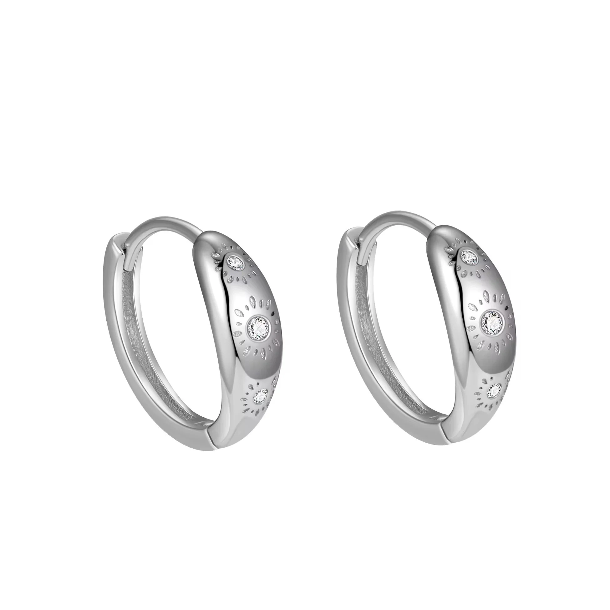 Sun Engraved CZ Huggie Hoops Silver