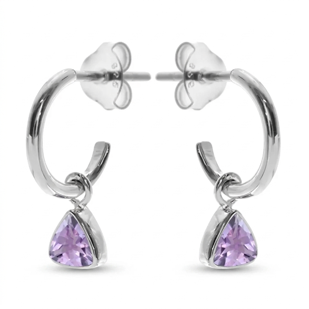 Trillion Amethyst Silver Huggie Hoop Earrings