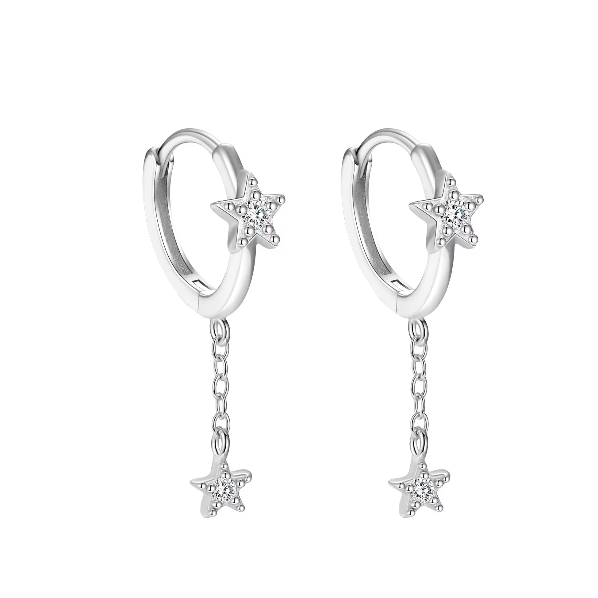 Star Chain Drop Huggie Hoop Earrings Silver