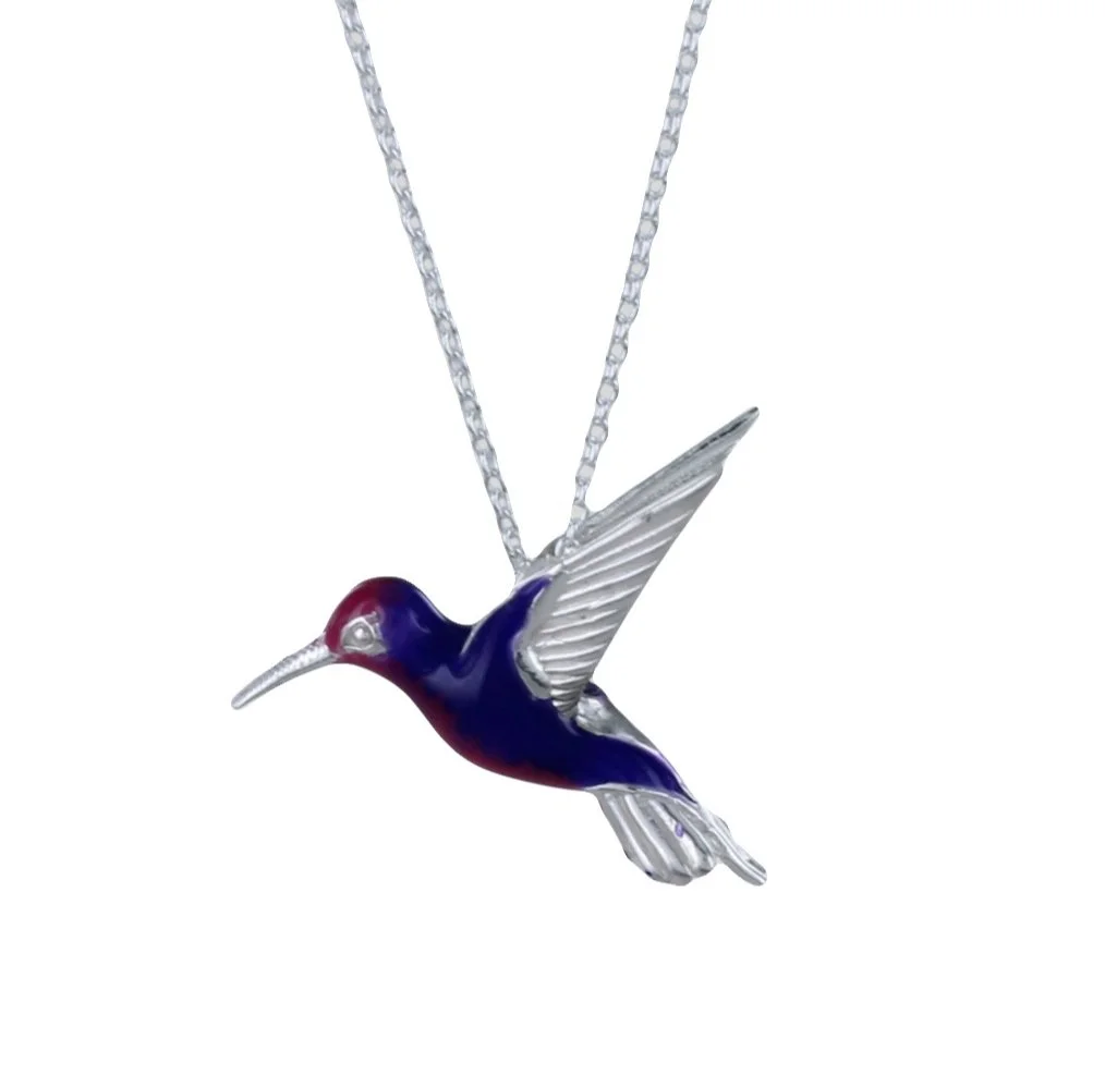 Silver Hummingbird Enamel Pendant Pink Purple