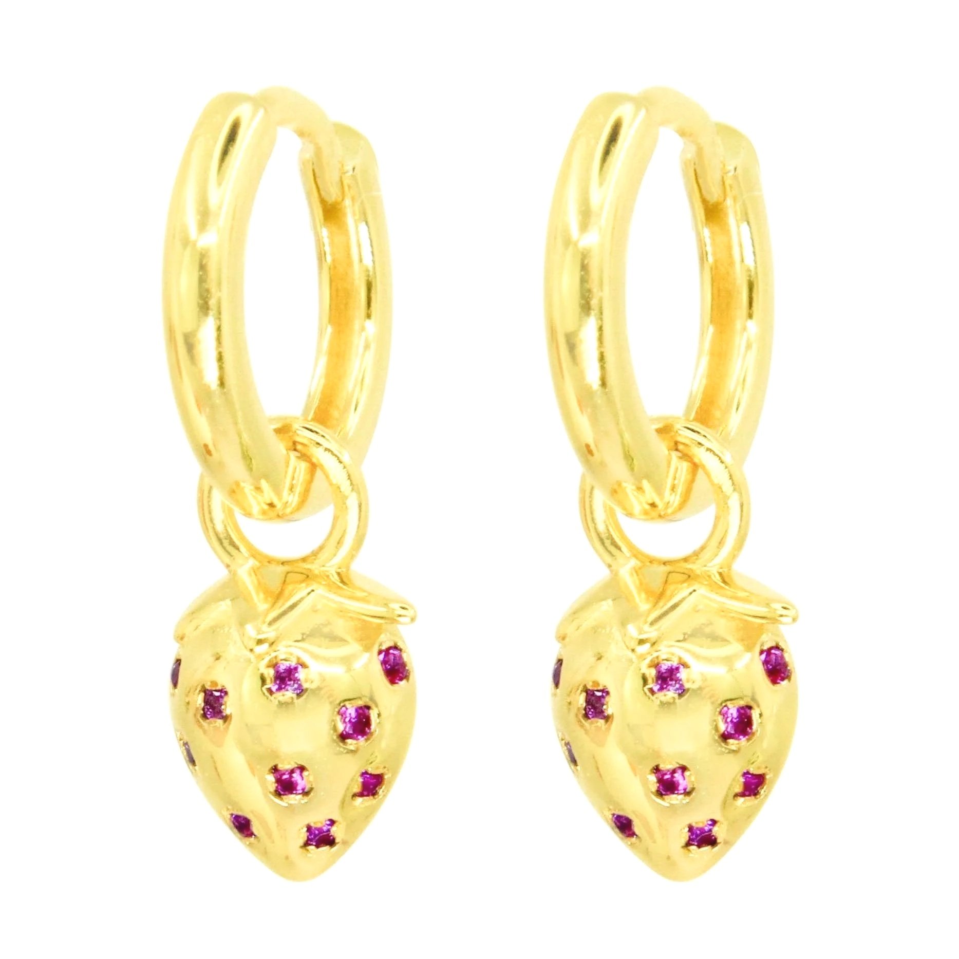 Strawberry Charm Huggie Hoops Gold