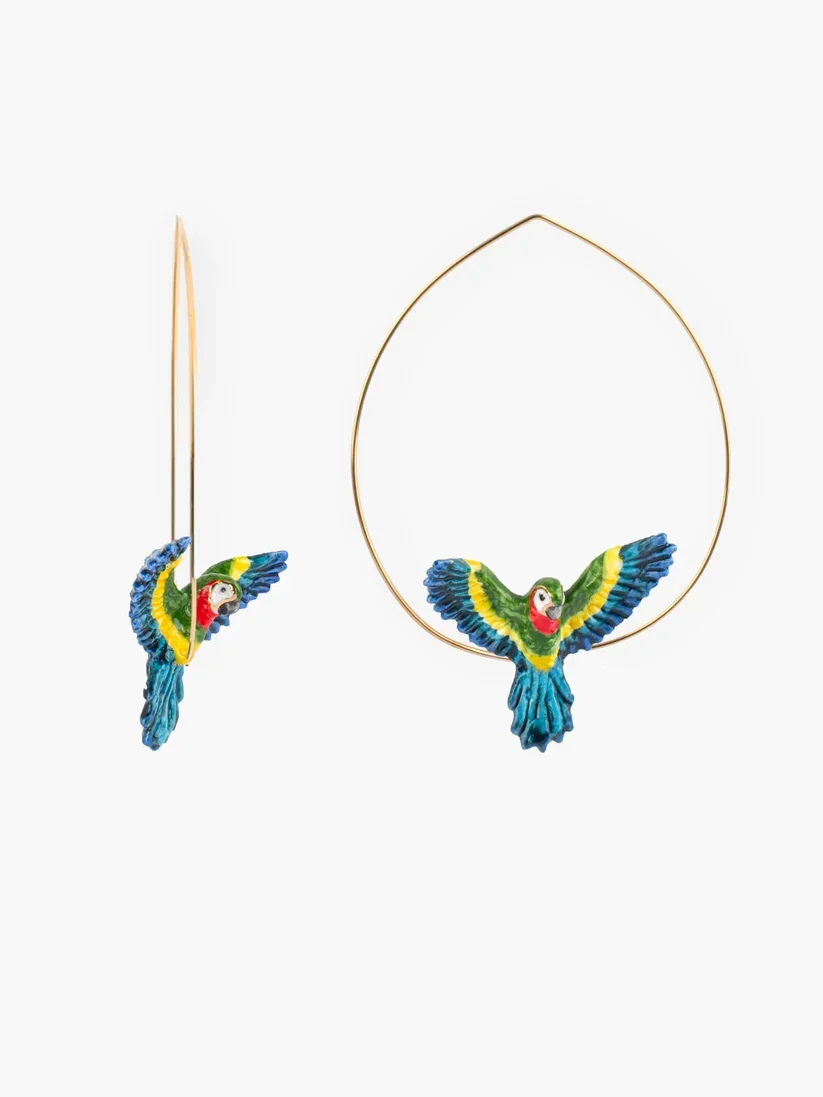 Nach Large Green Macaw Parrot In Flight Hoop Earrings