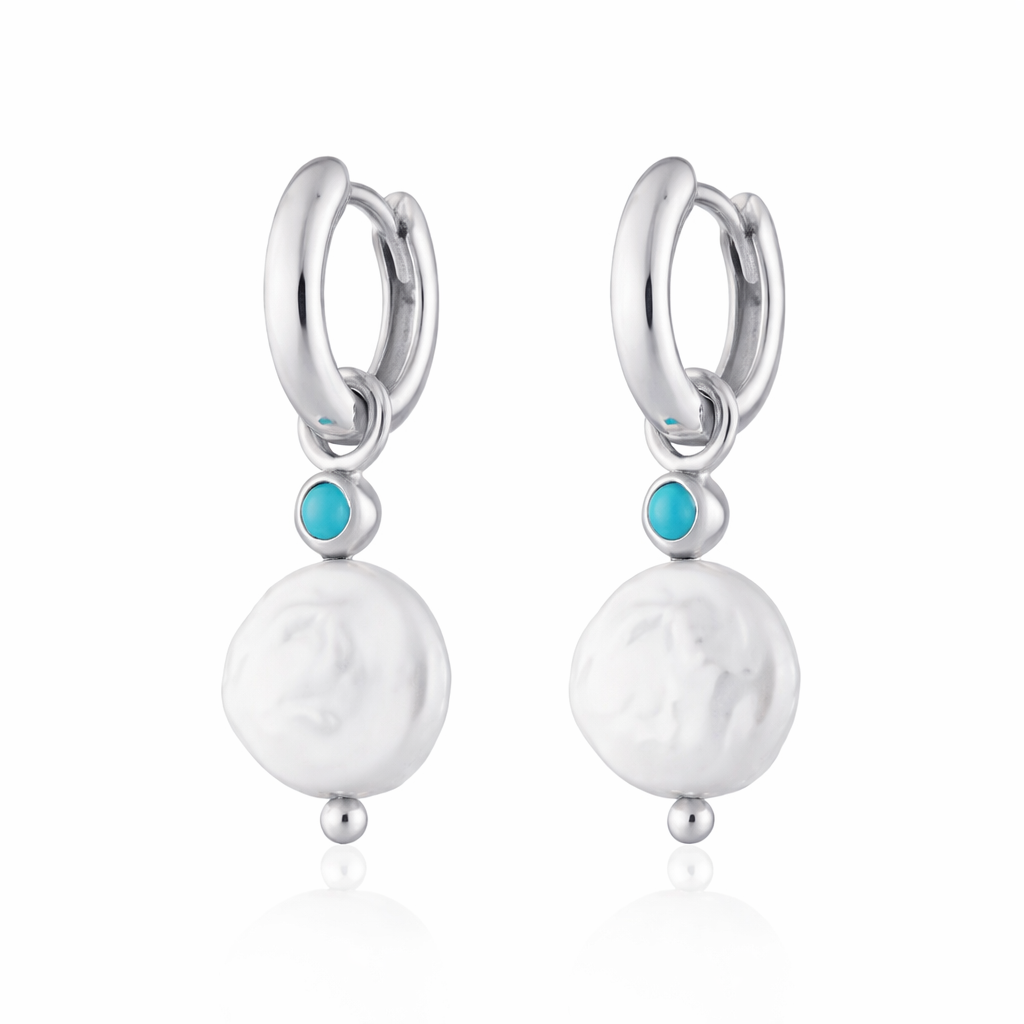 Baroque Pearl Drop Hoop Earrings Silver
