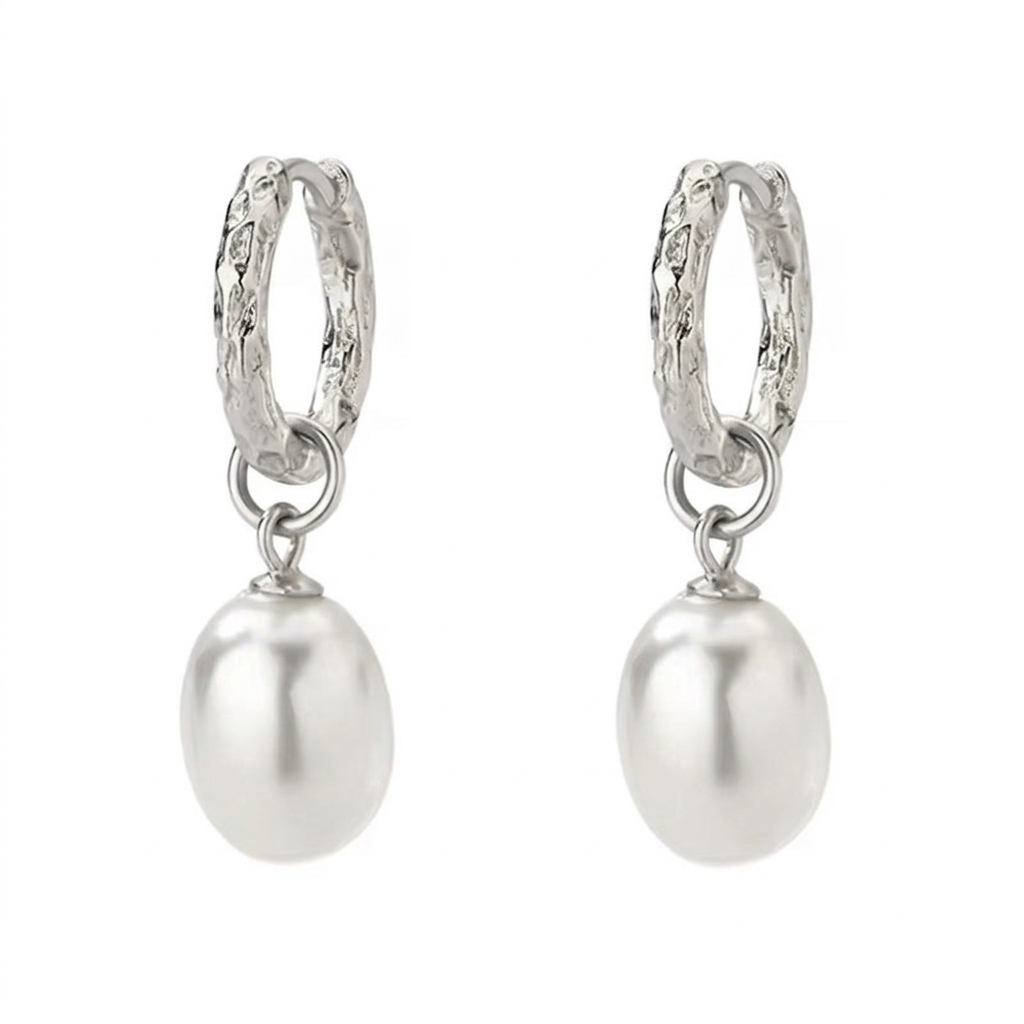 Textured Huggies With Pearl Drop Silver