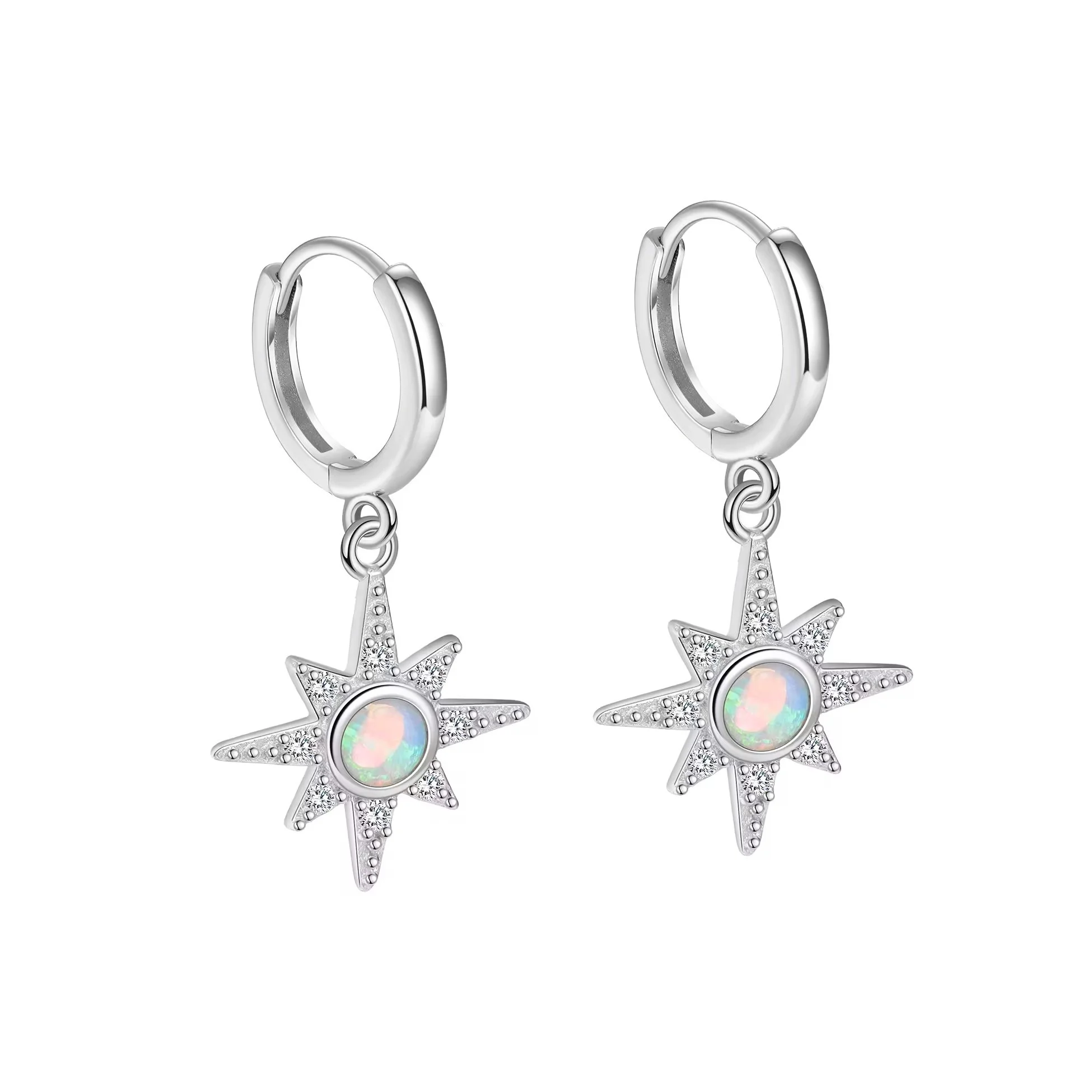 Starburst Blue Opal Huggie Earrings Silver