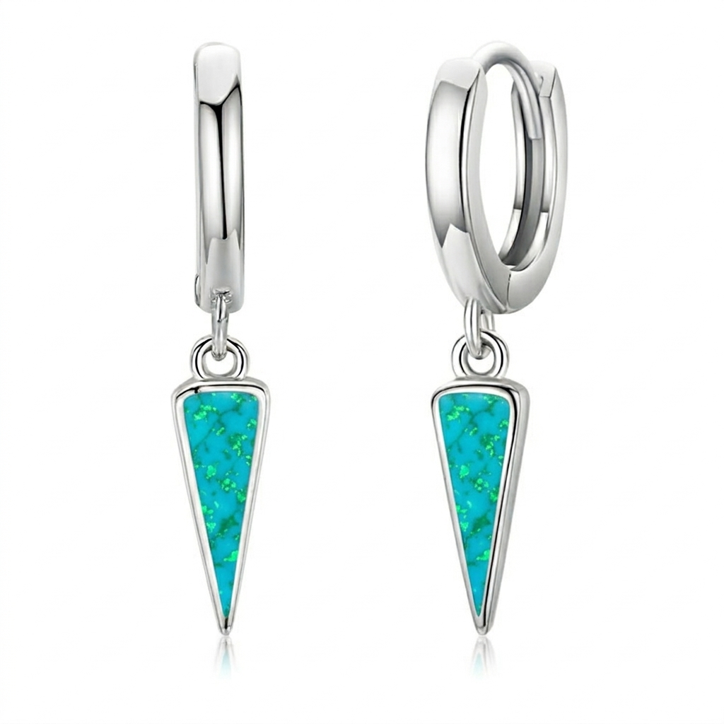 Turquoise Opal Triangle Drop Hoop Earrings Silver