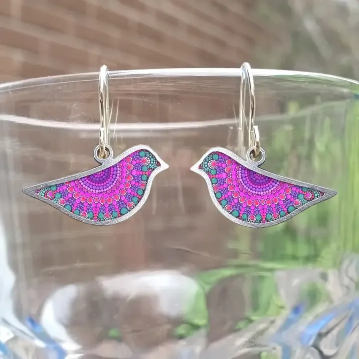 NOA Framed Bird Shape Ceramic Earrings Purple Mandala