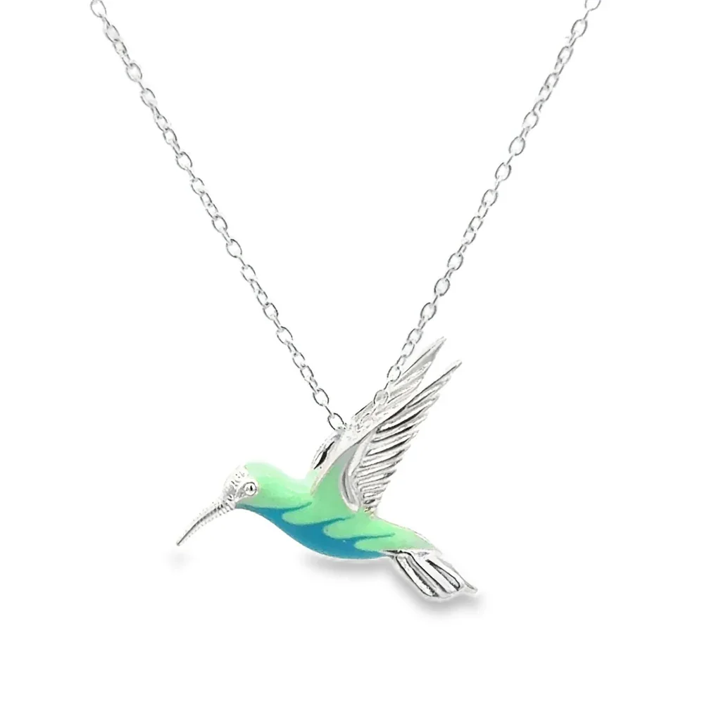 Silver Hummingbird Enamel Pendant Blue Green