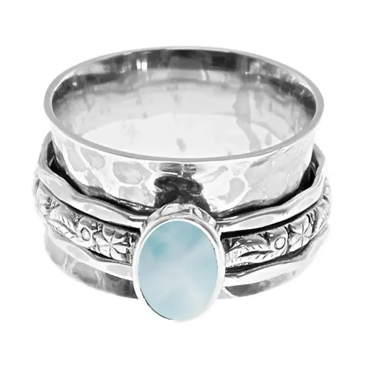 Floral Triple Band Larimar Spinning Ring Silver