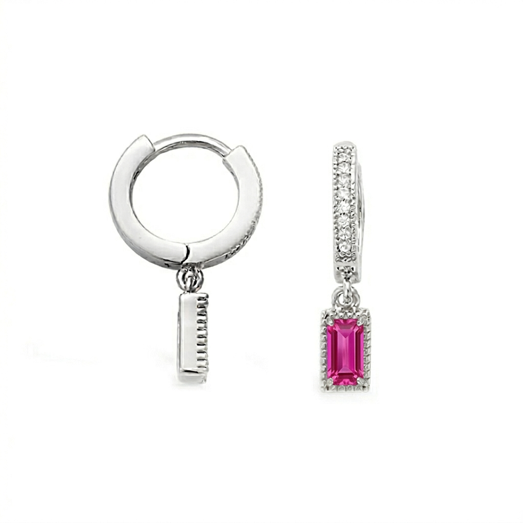 Fuchsia Pink  CZ Rectangular Drop Hoop Earrings Silver