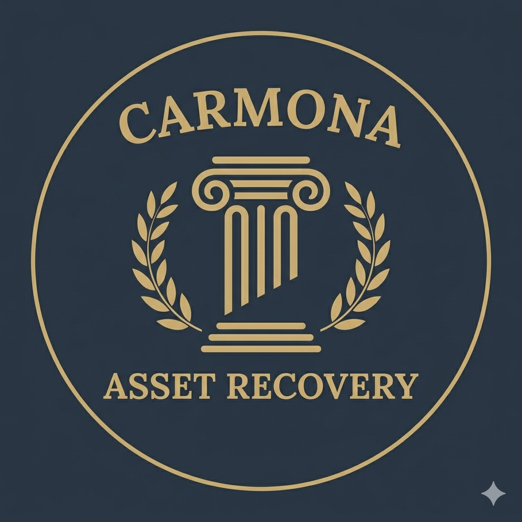 Logo oficial de Carmona Asset Recovery con columna griega dorada, símbolo de autoridad y confianza en recuperación de activos financieros.