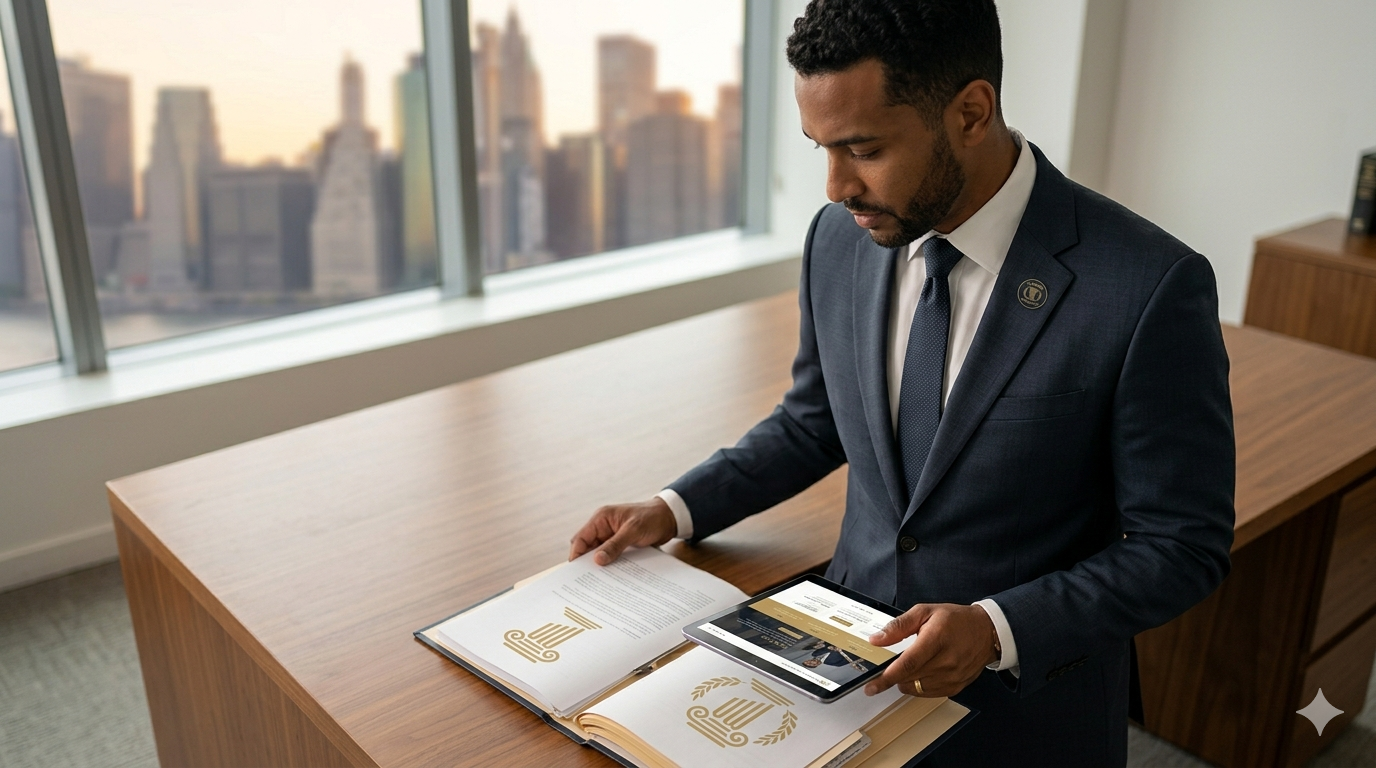 Especialista de Carmona Asset Recovery revisando documentos legales de fondos no reclamados en una oficina profesional en Brooklyn, New York.