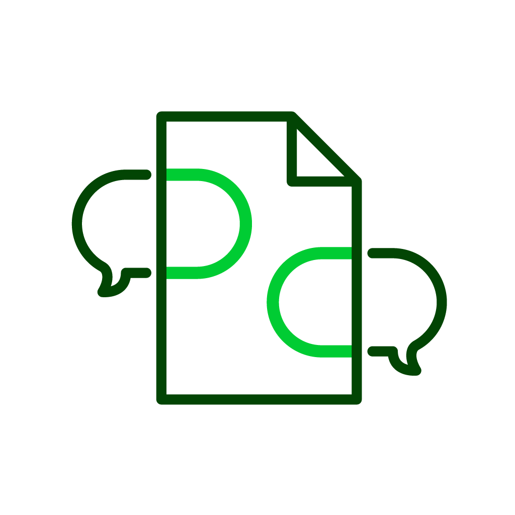 Digital illustration of document with two speech bubbles, one on each side, representing messaging or communication, with neon green outlines on a black background.