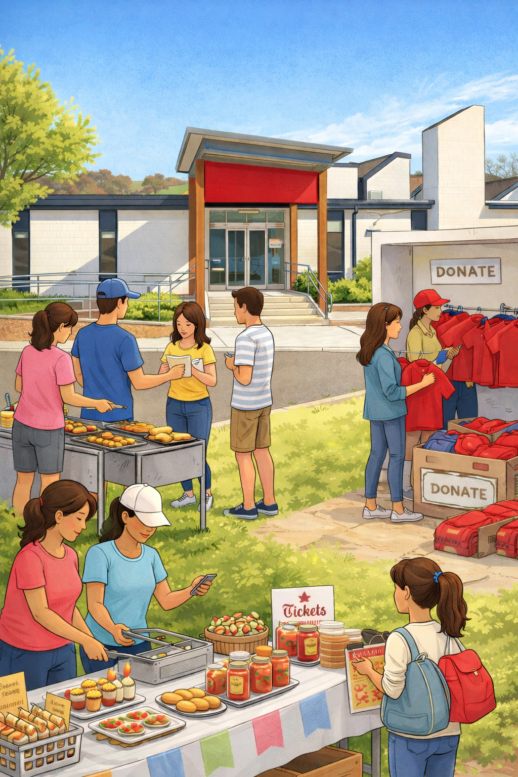An AI-generated cartoon-style photo of parents and volunteers gathering outside a primary school for a community fundraiser, with a barbecue, baked goods stall, ticket table, and donated clothing being sorted and displayed.