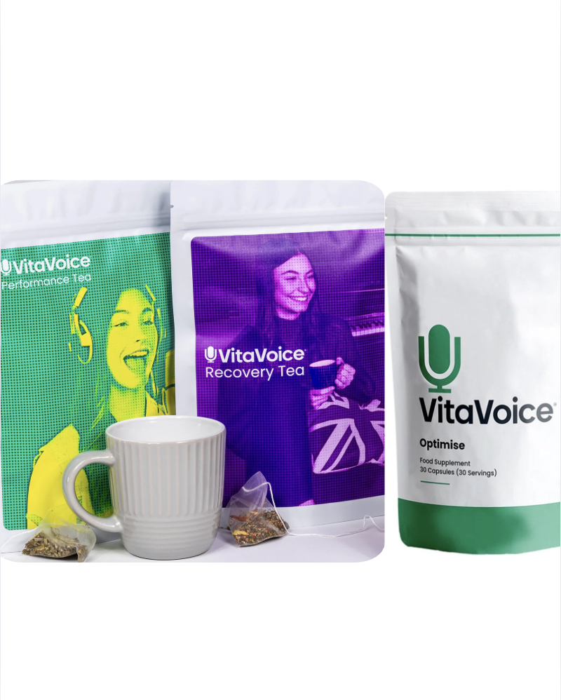 VitaVoice vocal health products including performance and recovery teas and optimise vitamins to support vocal performance, reduce inflammation, and boost voice care for singers