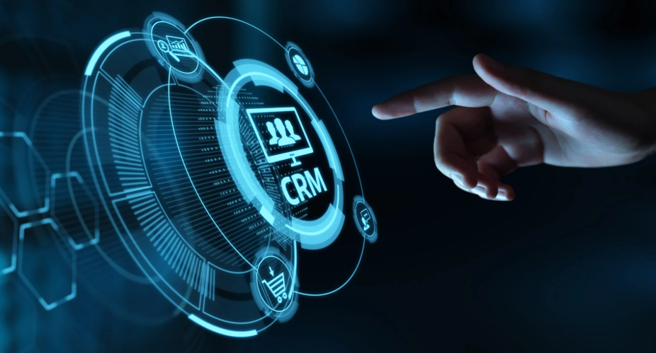 A hand touches a digital interface displaying a CRM system with icons for user management, shopping cart, and communication in a high-tech style.