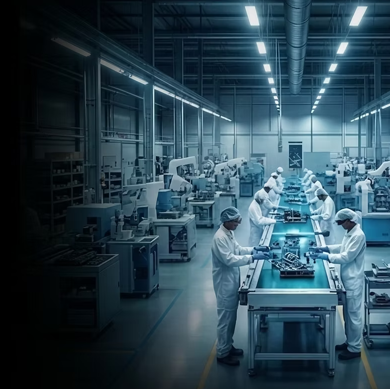 Manufacturing factory with workers in white protective clothing and hairnets assembling electronic components on a conveyor belt in a high-tech industrial setting.