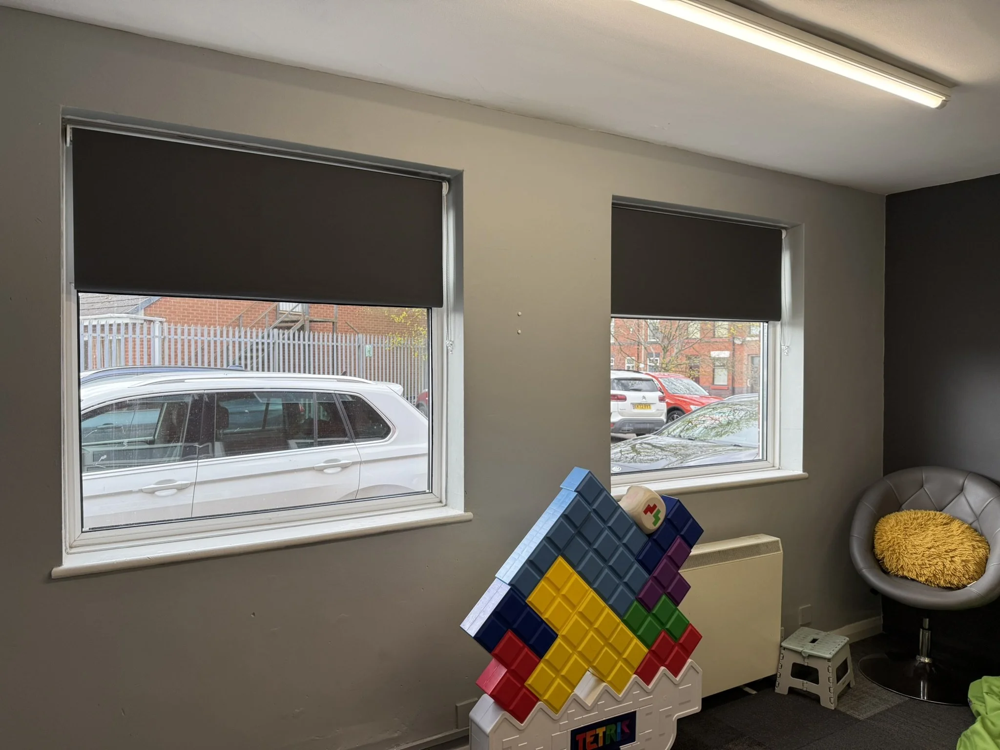 Blackout roller blinds fitted to games room at The A-Team Hub in Leigh