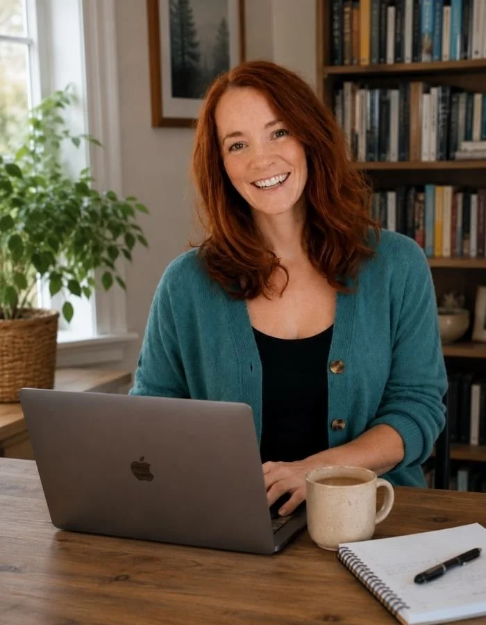 A smiling woman with red hair, wearing a teal cardigan, sitting at a wooden desk with a laptop, a coffee mug, a notebook, and a pen. Behind her is a bookshelf and window with plants.
