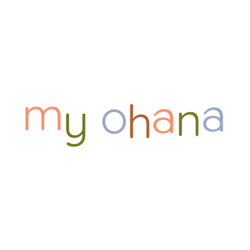 Colorful text spelling 'my ohana' with a coconut and seashell illustration above