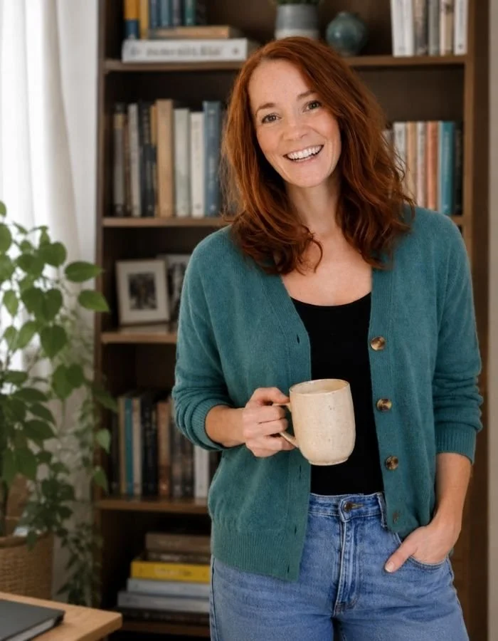 A smiling woman with red hair holding a coffee mug in a cozy, book-filled room.