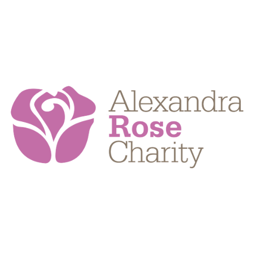 Logo for Alexandra Rose Charity featuring a purple rose with a heart shape in the center and text in black and purple.