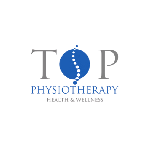 Logo for Top Physiotherapy with a blue dot and a dotted line representing a spine, including text 'Top Physiotherapy Health & Wellness'.