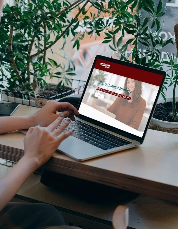 Person using a laptop at a desk with green plants nearby, displaying a webpage about SEO and content strategy.