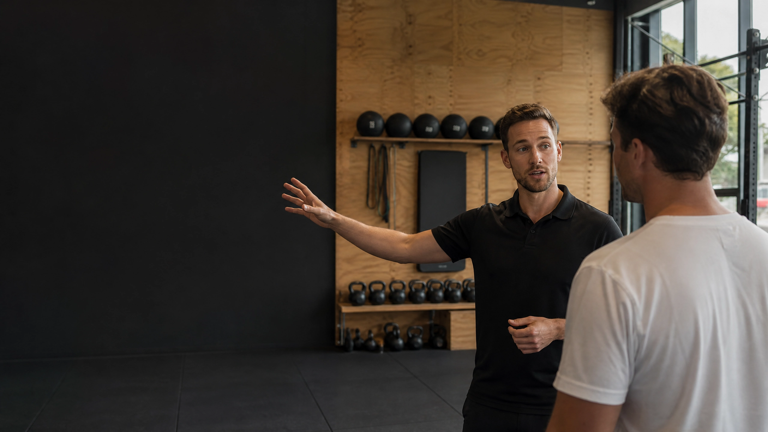 Personal trainer geeft uitleg aan een man in een fitnessruimte met gewichten en fitnessapparatuur.
