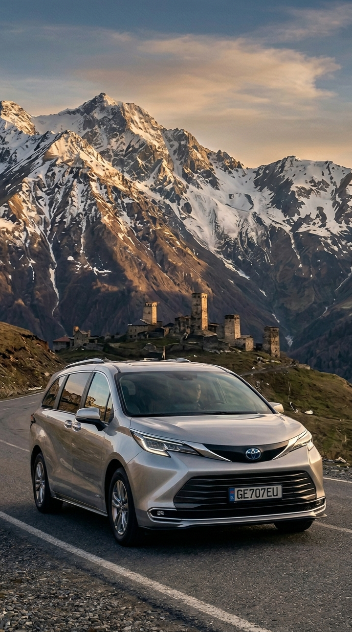 A silver minivan parked on a mountain road with snow-capped peaks and an old castle in the background during sunset.