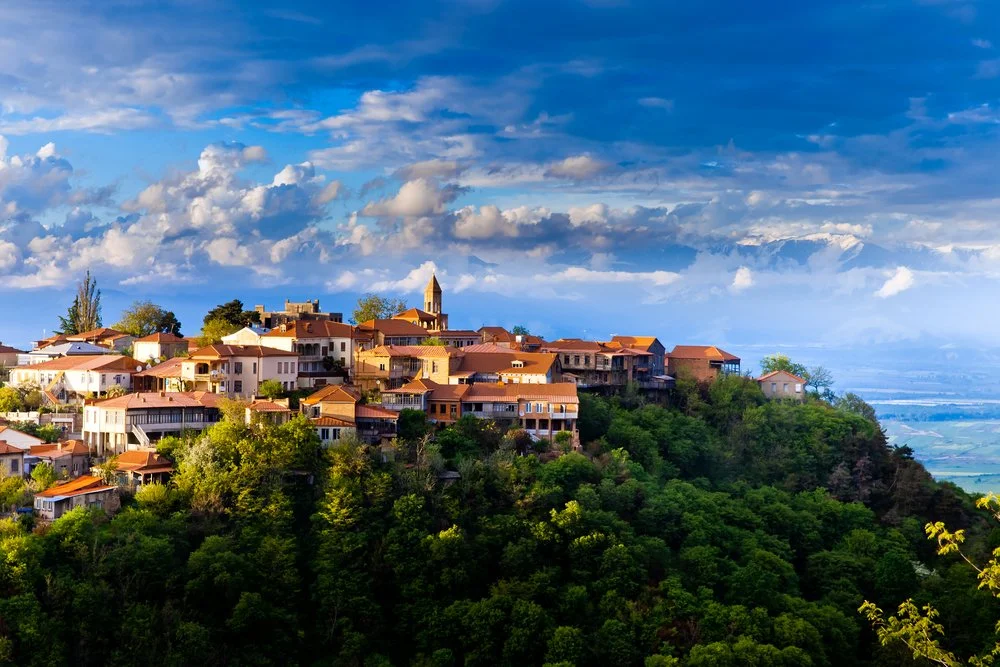 Hilly residential area with houses and trees under a partly cloudy sky
