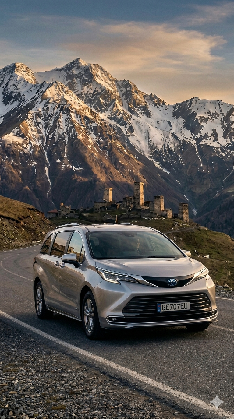 A silver minivan parked on a mountain road with snow-capped peaks and a medieval castle ruins in the background during sunset.