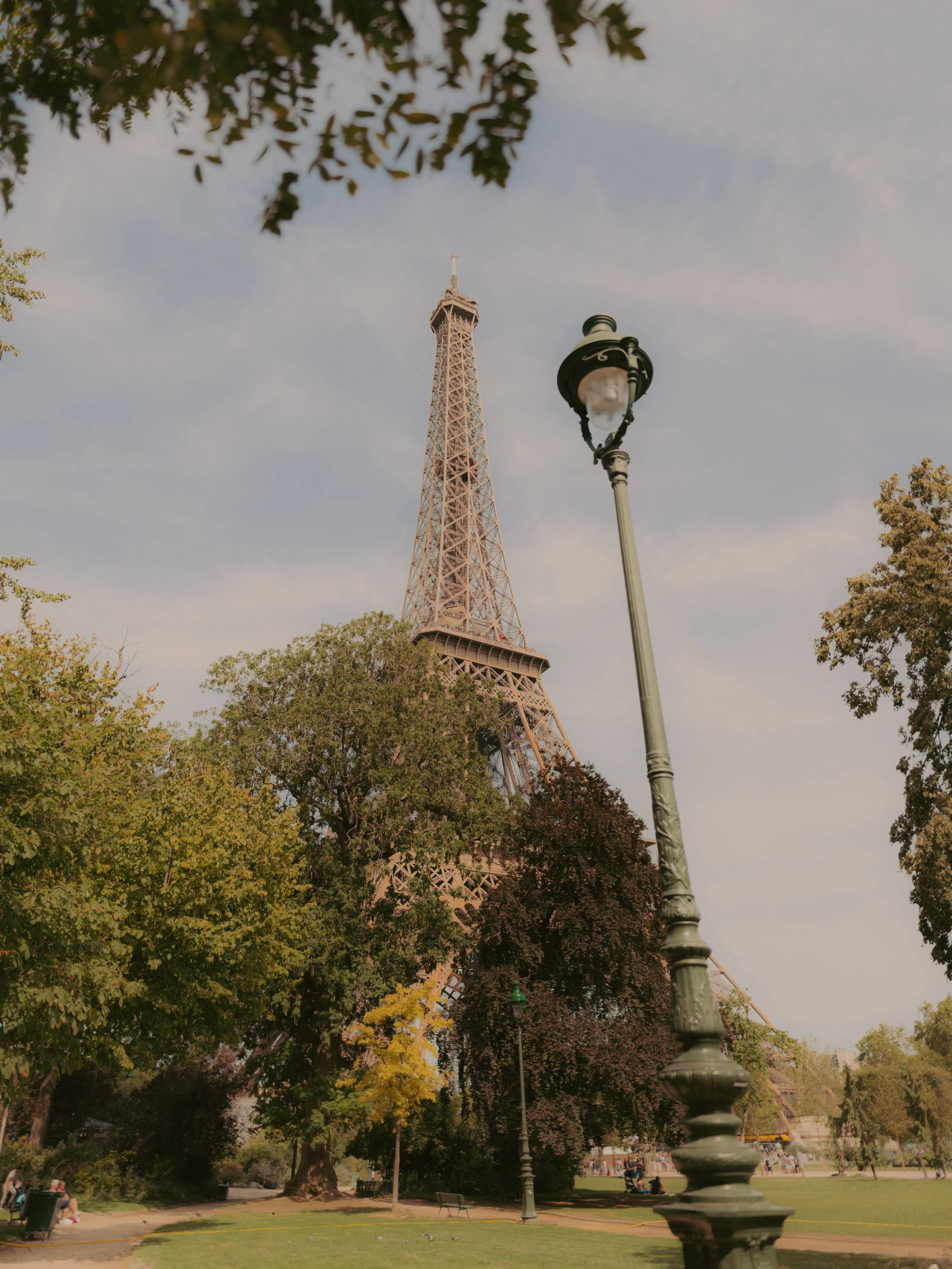 Une photo de la Tour Eiffel vue depuis un parc avec des arbres et un lampadaire au premier plan.