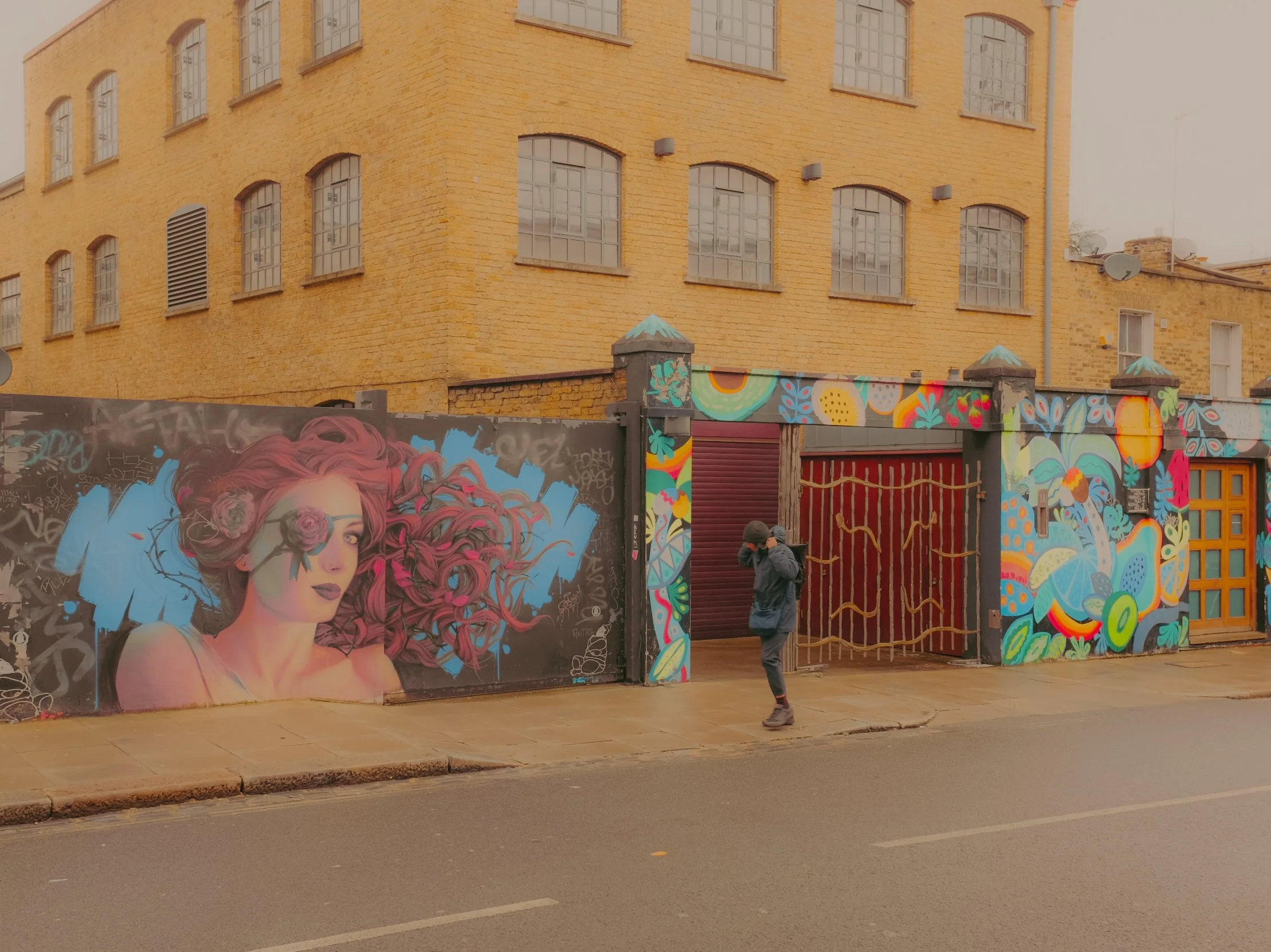 Un mur de graffitis colorés avec une peinture d'une femme aux cheveux roses et une scène abstraite, situé devant un bâtiment en briques jaunes, avec une personne qui marche sur le trottoir sous un ciel gris.