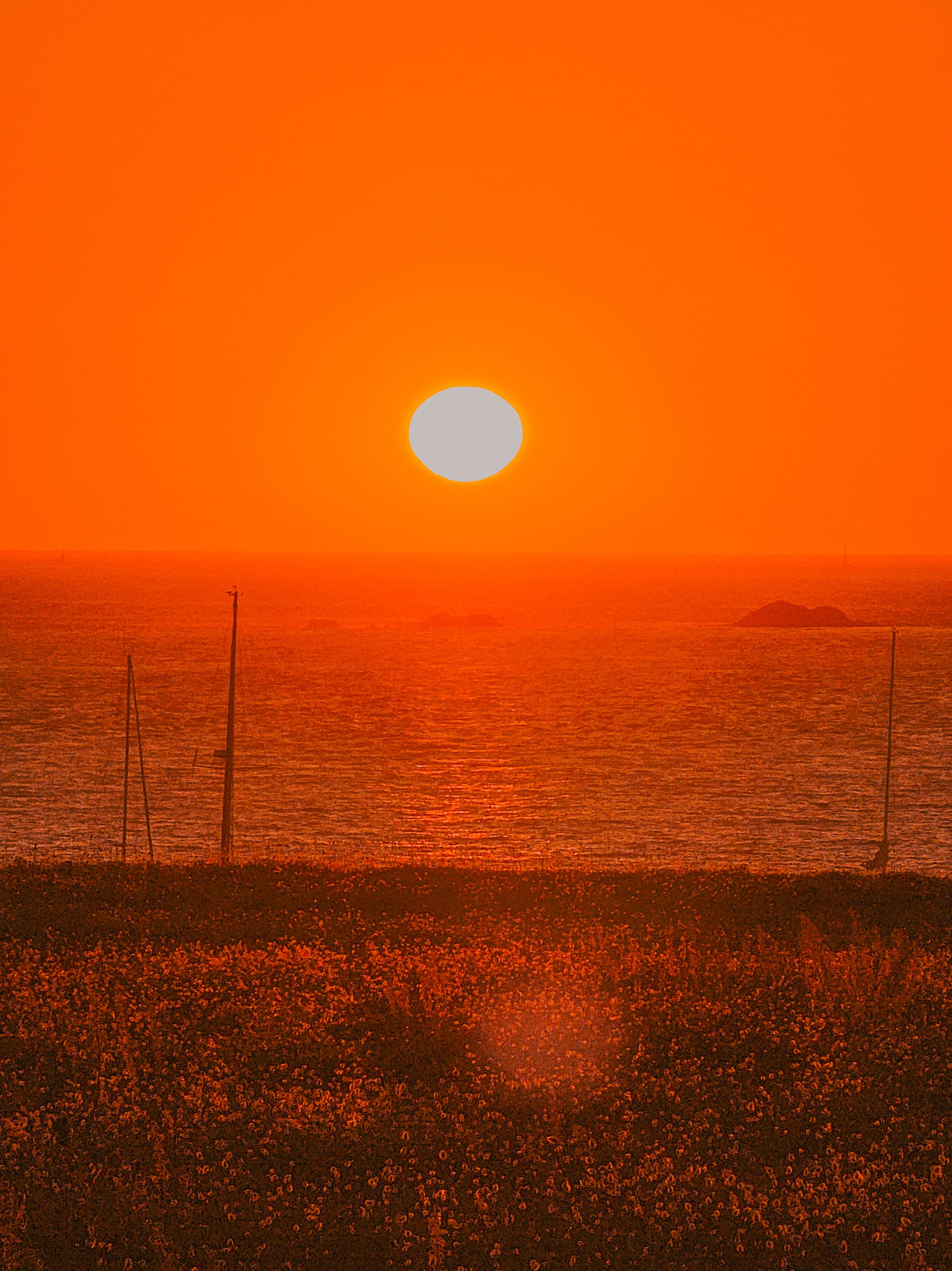 Coucher de soleil sur la mer avec un ciel orange vif, horizon visible, voiliers et petites îles en arrière-plan.