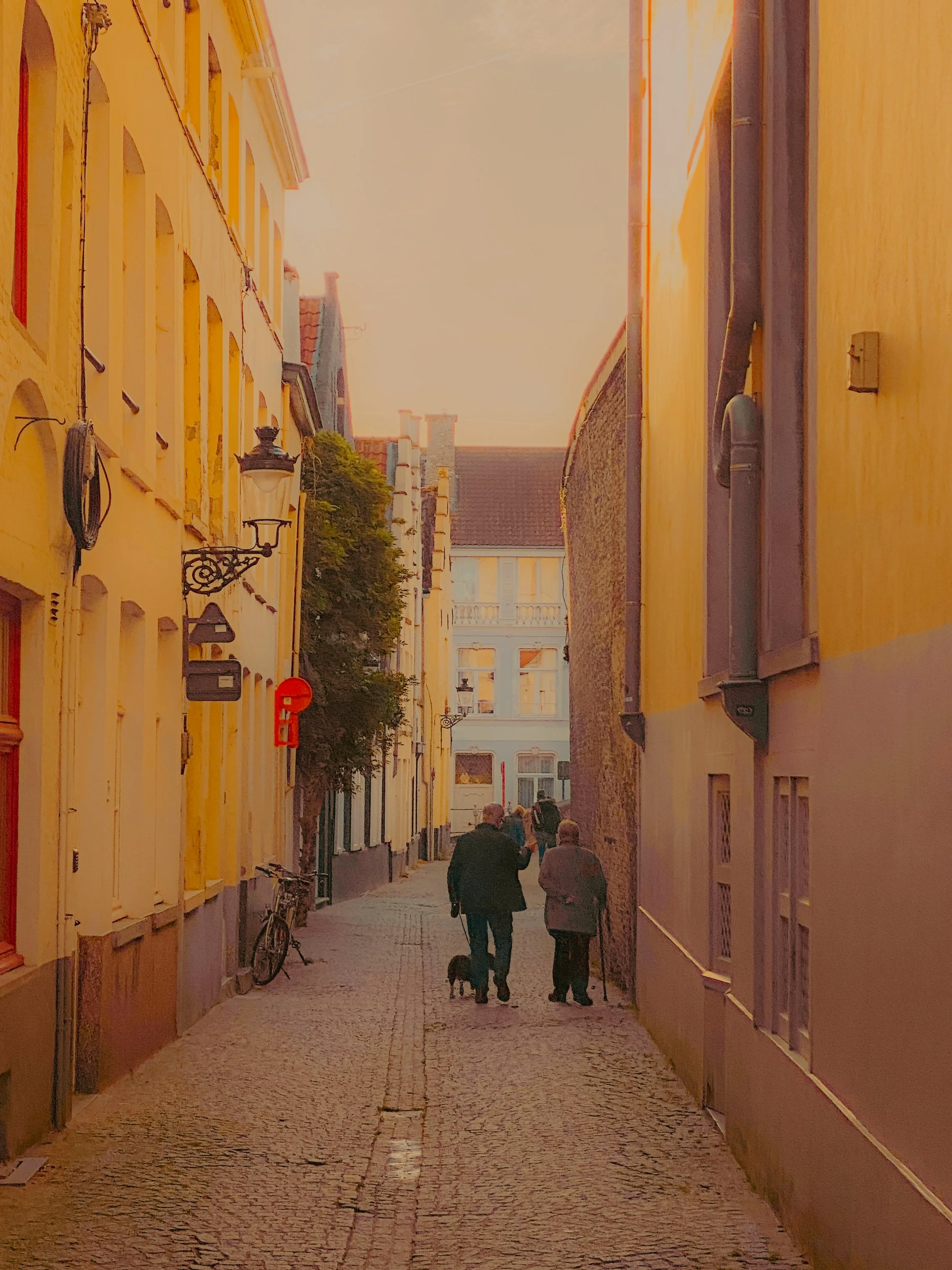 Rue pavée étroite avec des bâtiments colorés jaune et pastel, deux personnes âgées se promènent avec un chien.