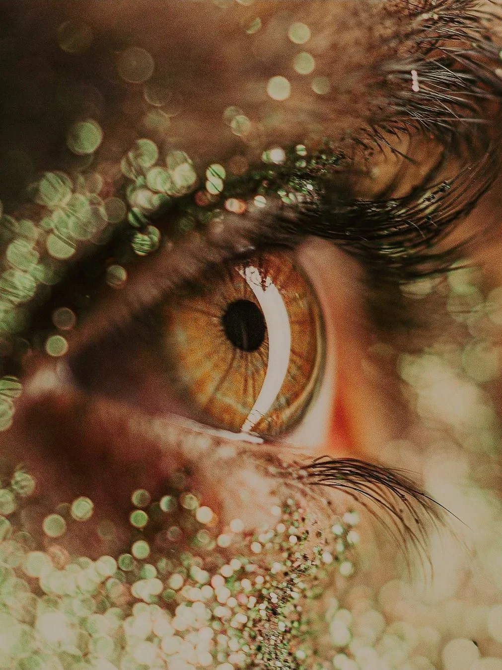 Gros plan d'un œil humain avec des reflets lumineux et un effet de bokeh coloré autour.
