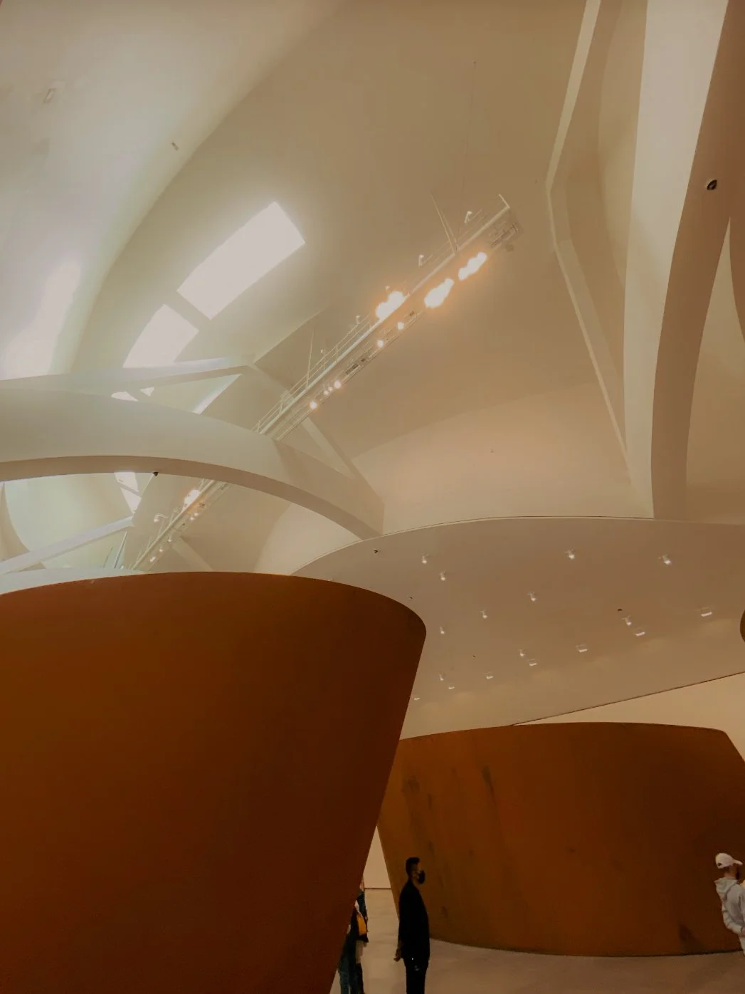 Intérieur d'une salle d'exposition ou d'un espace culturel avec des murs courbes en bois et un plafond moderne avec des lumières suspendues.