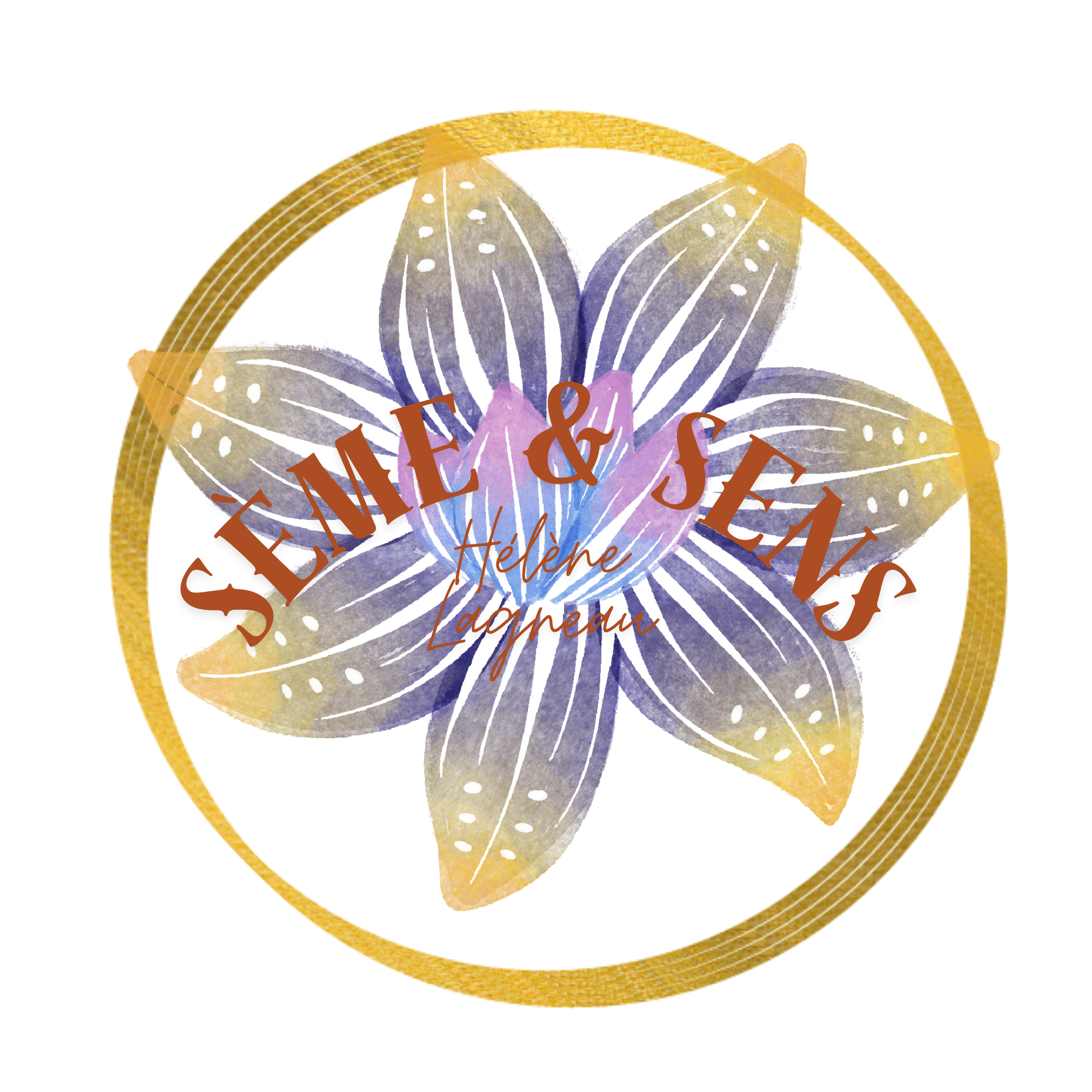 Une illustration d'une fleur sophistiquée avec des détails en style aquarelle et or, contenant le texte 'Seme & Sens et 'Hélène' en style cursif.