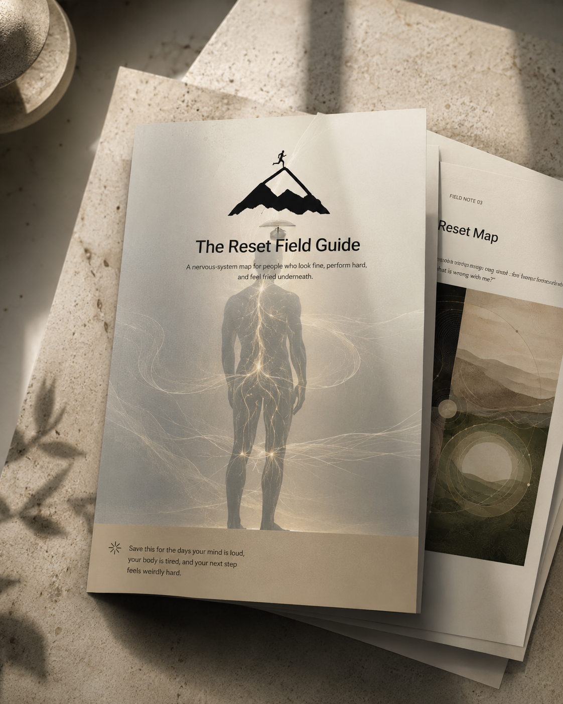 A booklet titled "The Reset Field Guide" featuring an illustration of a mountain with a running figure at the top and a human silhouette with glowing lines representing energy or nerves below, on a light-colored surface with sunlight and shadows.