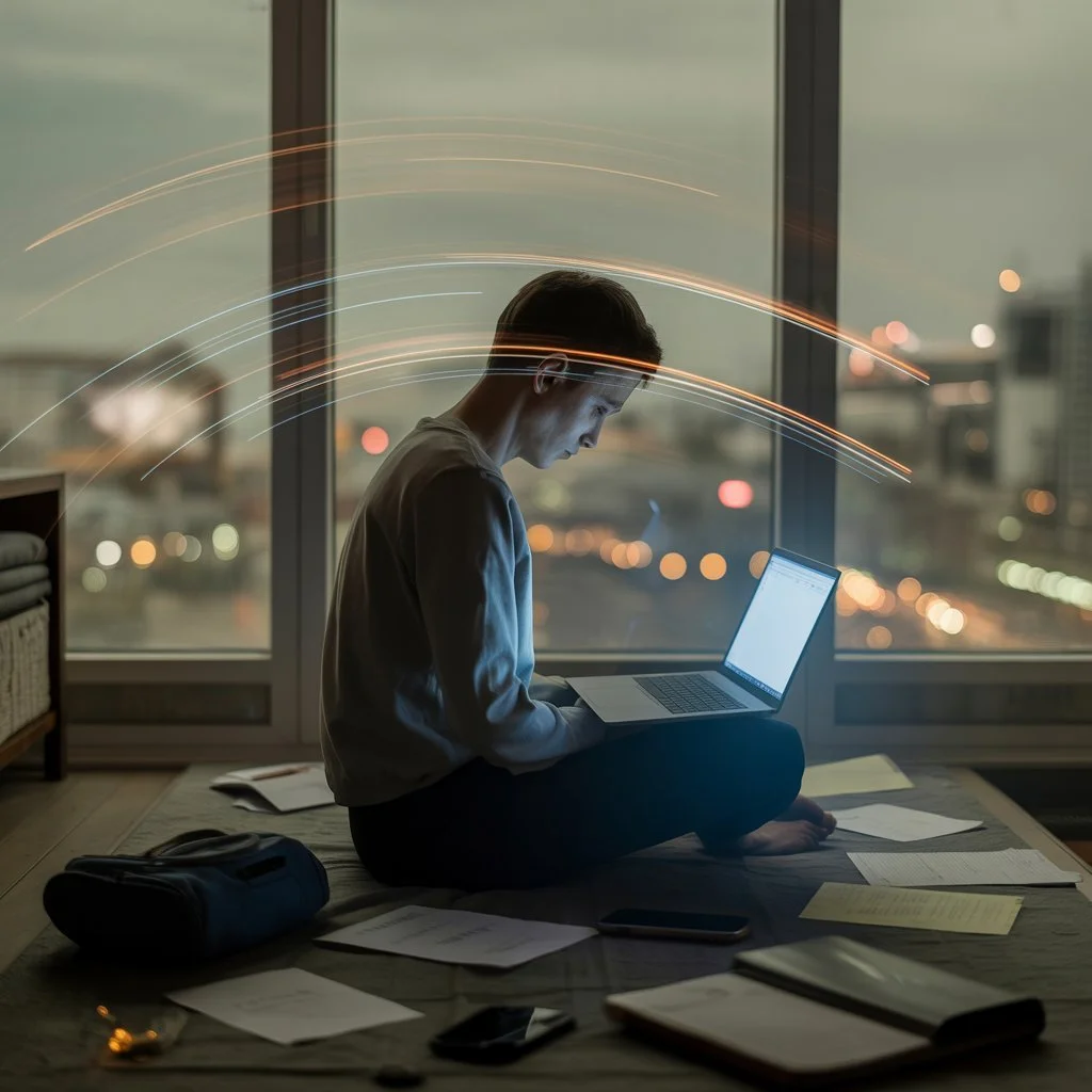 Psychology-informed image exploring chronic stress, burnout, emotional overload, and nervous system regulation in modern adults.