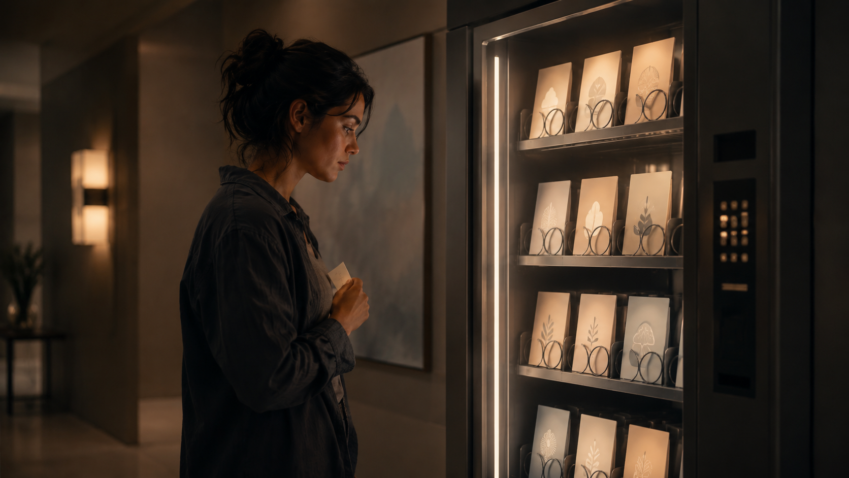Person standing before a symbolic certainty vending machine, representing AI reassurance-seeking and self-trust.