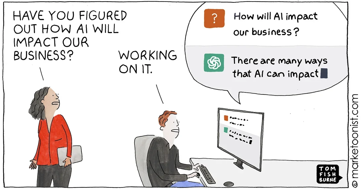 ai thinking for man - cartoom of woman asking business man about effects of ai on business and man using chat gpt to solve problems as he is incapable of making decision on his own