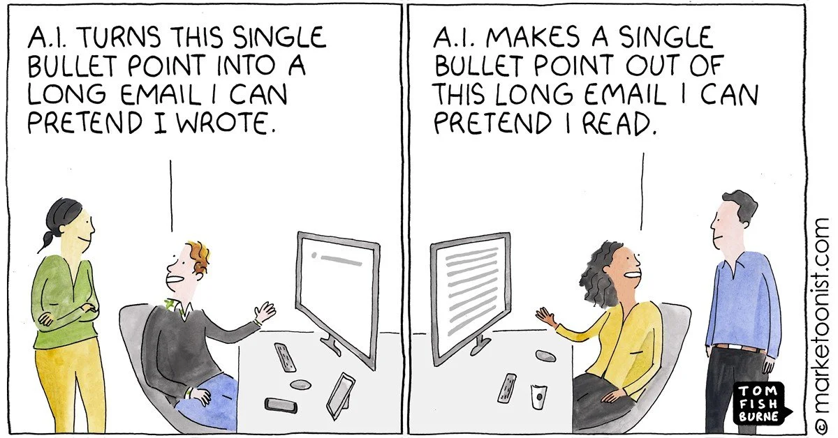 cartoon of male and woman employee using ai computer to shorten workload and cheat into not using their cognition, destroying their own capabilities and confidence