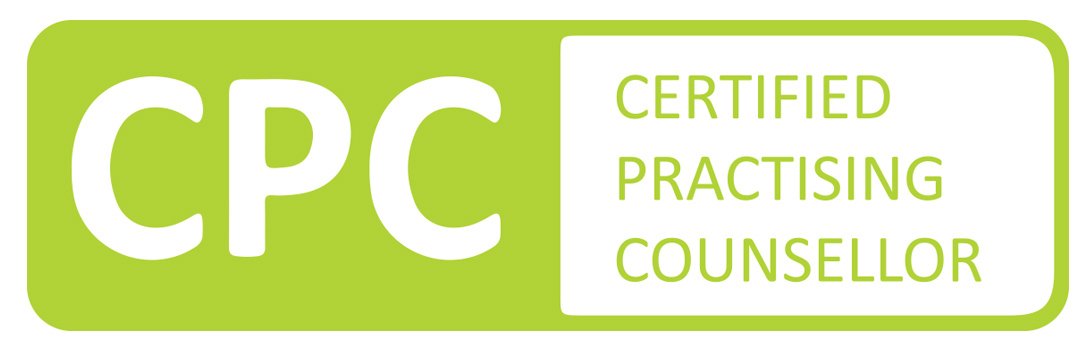 Green badge with the text 'CPC' and 'Certified Practising Counsellor' inside a white rectangle. Gabrielle is registered with the Psychotherapy and Counselling Federation of Australia. Professional expertise.
