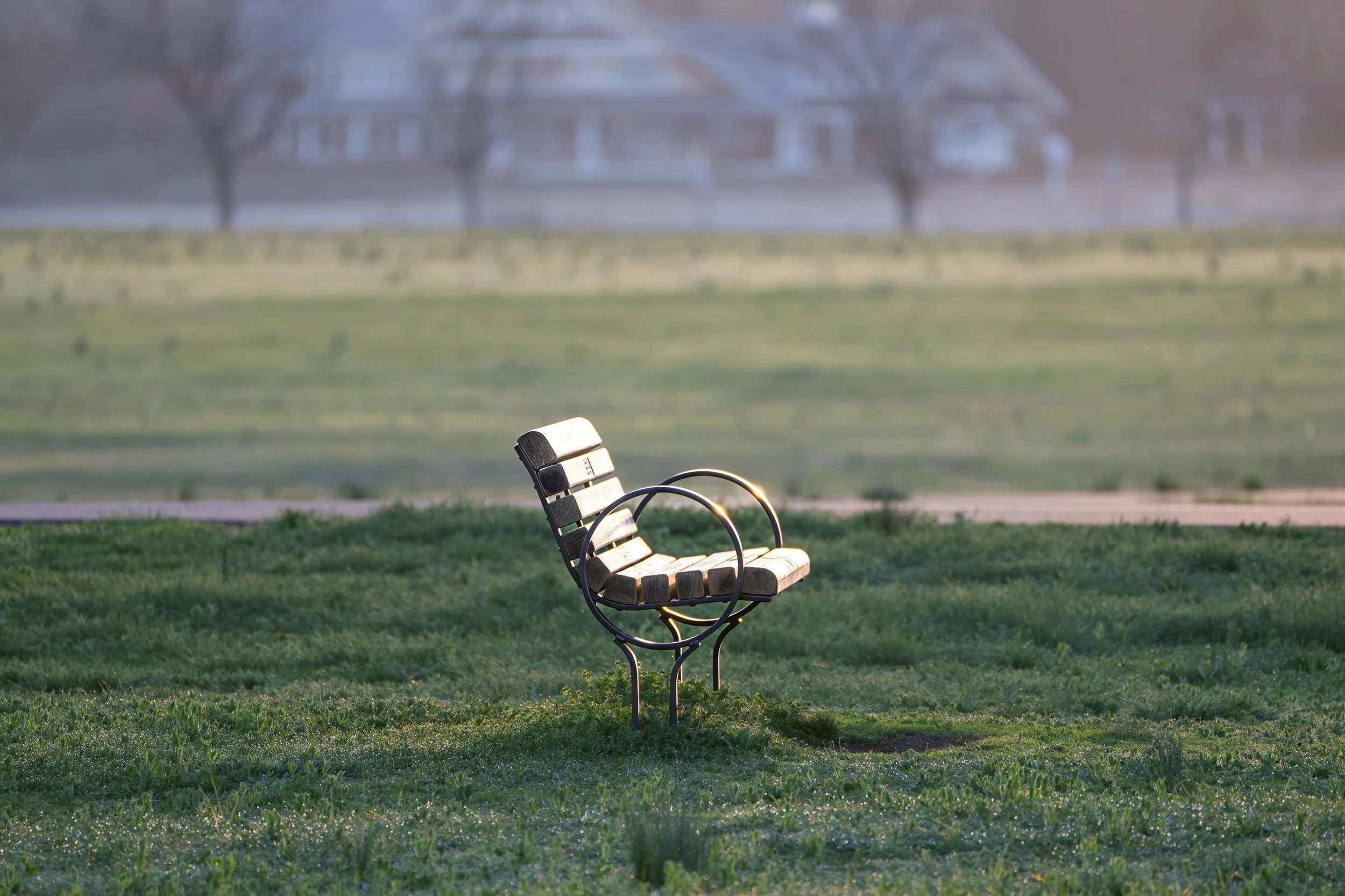 single bench in a green field with the sun hitting it, with a house in the background and bare trees